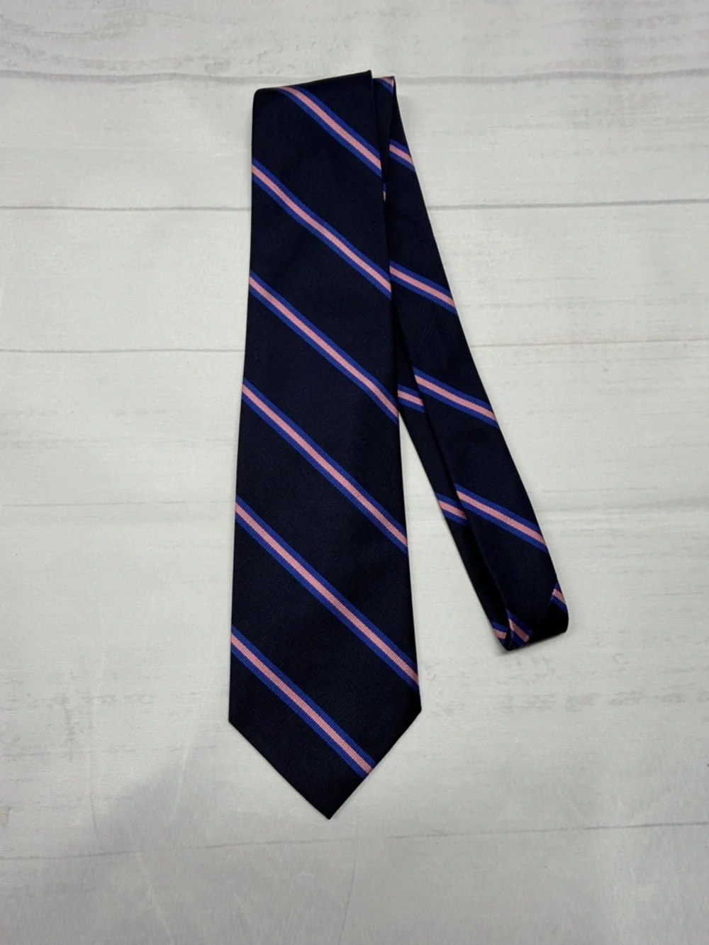 J. Crew NWT Navy Blue with Pink and Light Blue Stripes English Silk Neck Tie